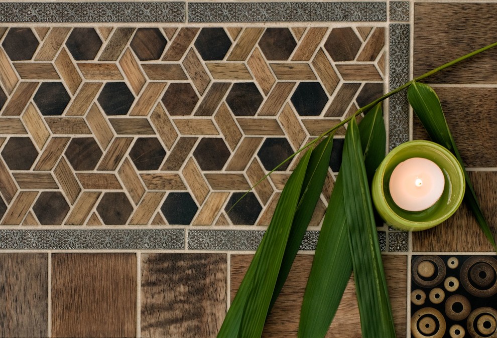 Example of a transitional wood-look tile bathroom design in Phoenix