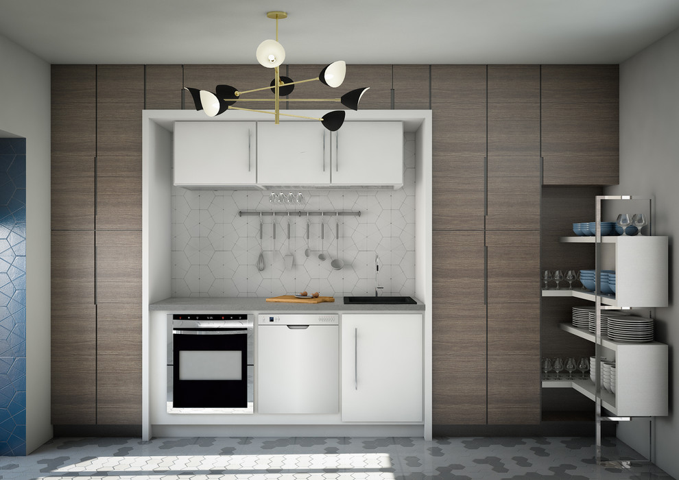 This is an example of a mid-sized modern galley separate kitchen in Other with a single-bowl sink, beaded inset cabinets, dark wood cabinets, concrete benchtops, blue splashback, ceramic splashback, black appliances, ceramic floors and no island.