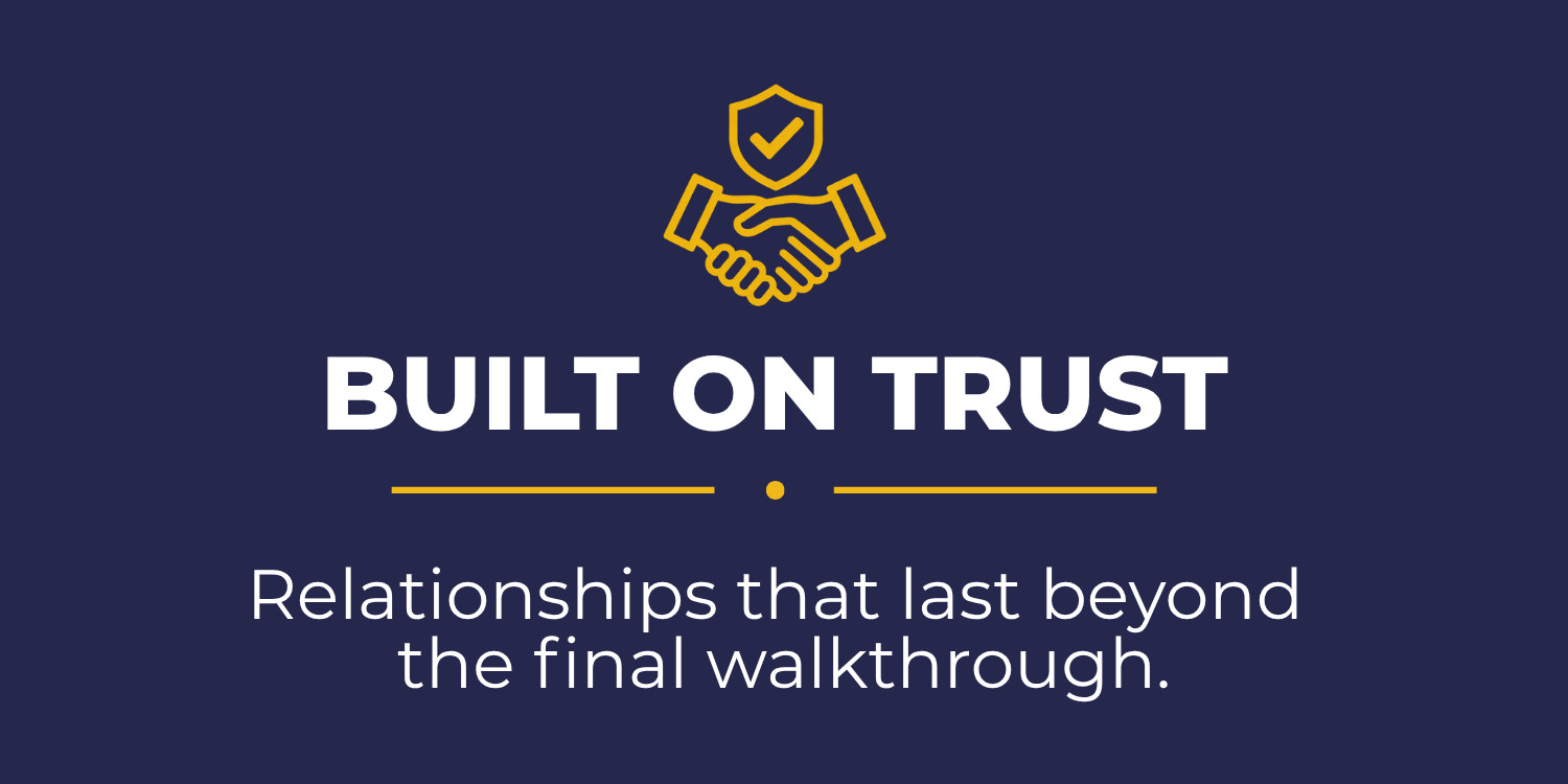 CM Remodeling Group's Built on Trust pillar, featuring a handshake and shield icon on a navy blue background.