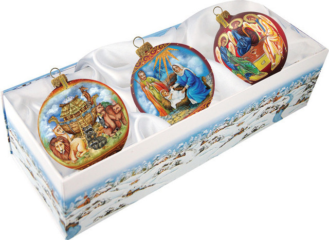 Hand Painted Scenic Glass Ornament Traditional Nativity, Set of 3 ...
