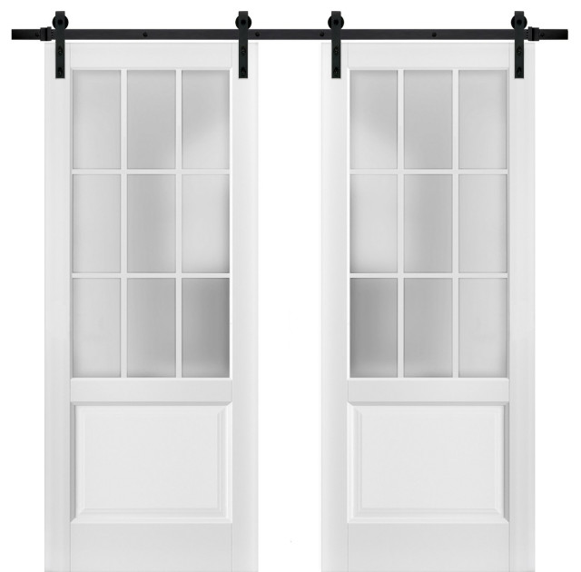 Double Barn Door & Glass | Felicia 3309 Matte White | 13FT Rail, 64" X 84"