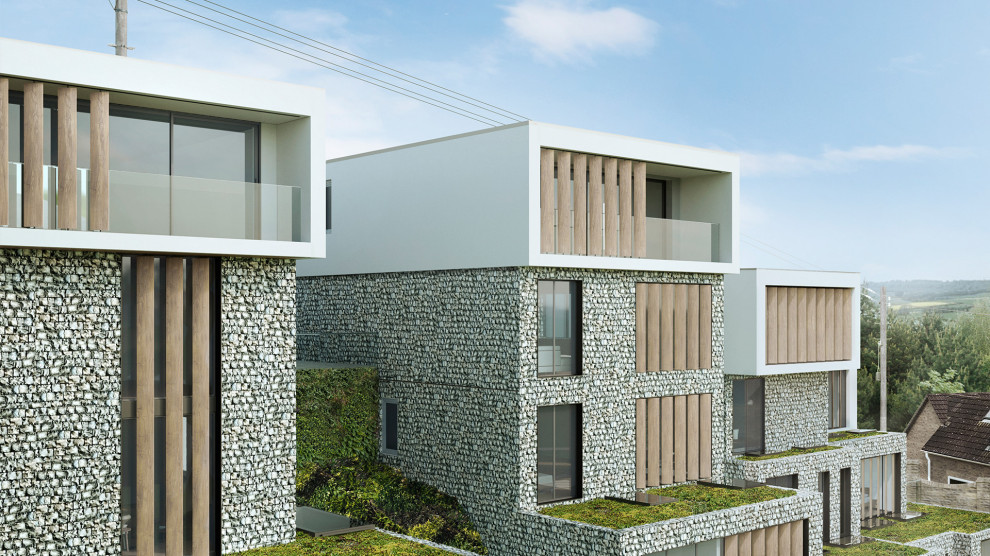 Geräumiges, Vierstöckiges Modernes Einfamilienhaus mit Steinfassade, weißer Fassadenfarbe, Flachdach und Misch-Dachdeckung in Wiltshire