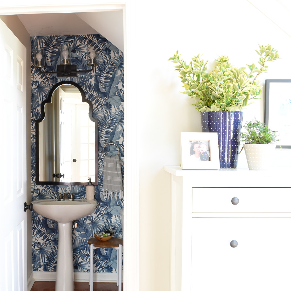 Inspiration for a small beach style bathroom in Nashville with blue walls.