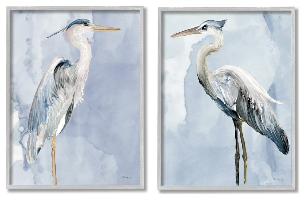 Heron Birds Standing Blue Sky Watercolor Painting, 2pc, each 11 x 14