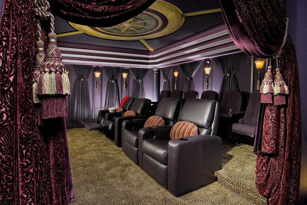 Design ideas for a traditional home theatre in New York with purple walls.