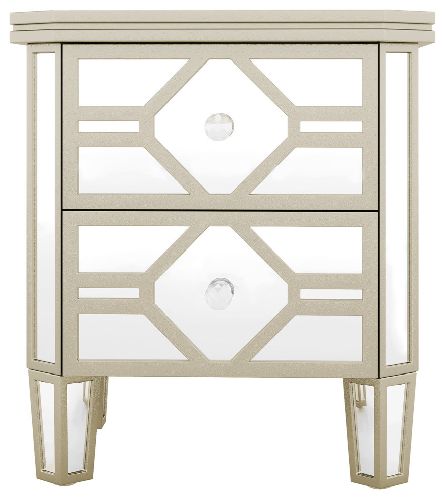 Gewnee Elegant Mirrored 2-Drawer Side Table With Golden Lines