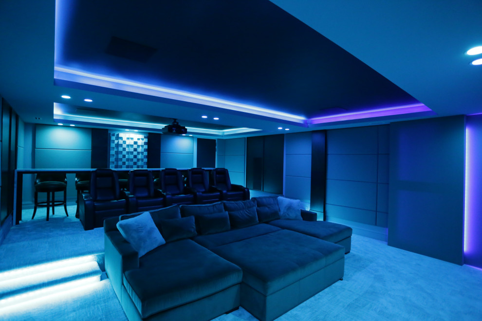 Home theater - large contemporary enclosed carpeted and beige floor home theater idea in DC Metro with gray walls and a projector screen