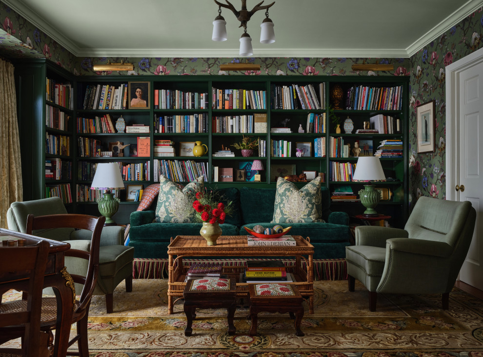 Elegant medium tone wood floor, brown floor and wallpaper living room photo in Los Angeles with multicolored walls