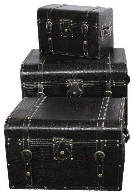 Large Storage Trunks Set of 3 - Black Leather