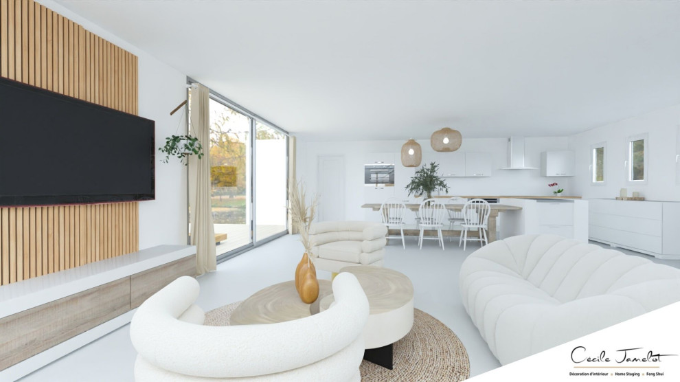 На фото: открытая гостиная комната среднего размера в скандинавском стиле с белыми стенами и телевизором на стене с