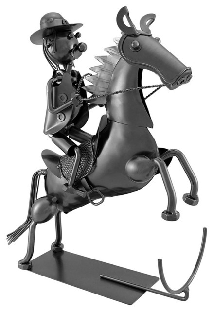 Cowboy Rearing Horse Metal Art Wine Bottle Display