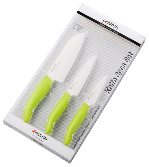 Kyocera Revolution Ceramic 3 Piece Chef's Knife Set with Green Handles