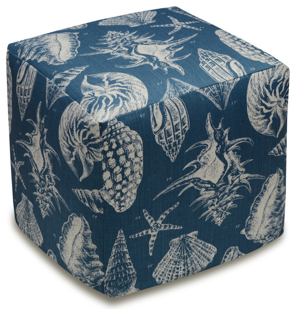 Navy Blue Seashells Linen Upholstered Ottoman Beach Style