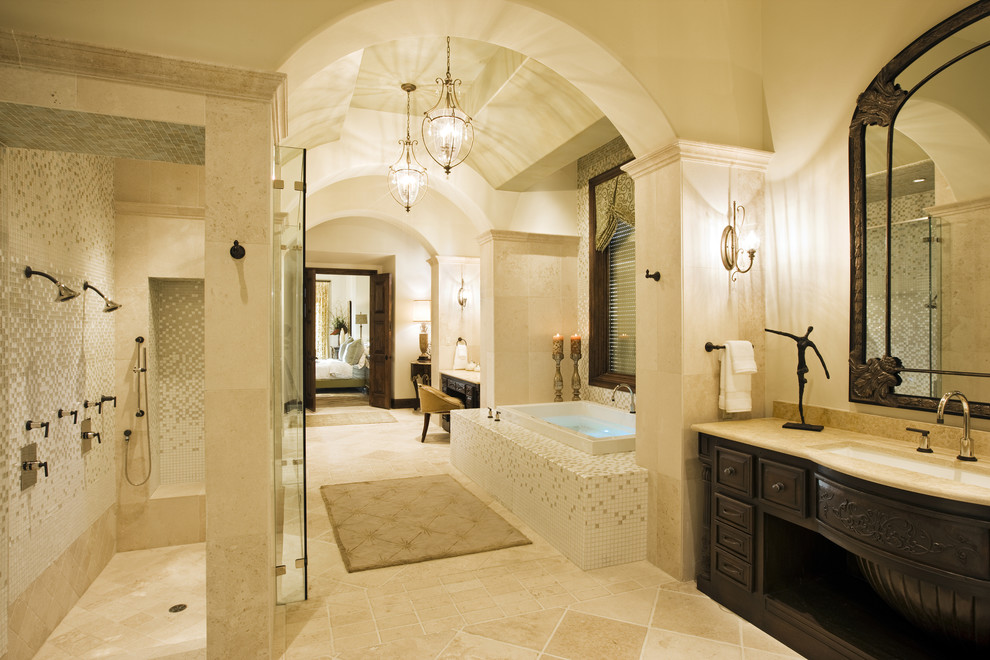 Inspiration for a mediterranean bathroom in Austin with an open shower and an open shower.