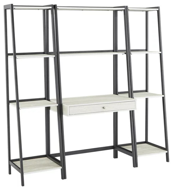 Unique Ladder Desk With 2 Ladder Bookcase, White Faux Marble Top & Open