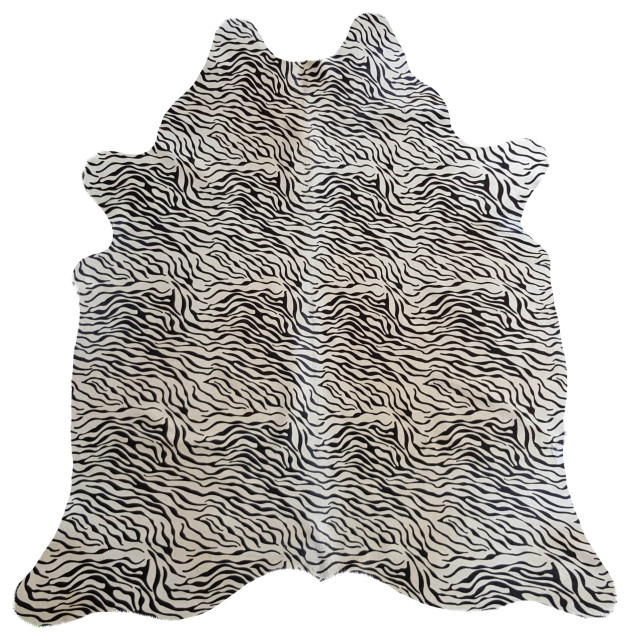 Brazilian Cowhide Rug, Baby Zebra on Off White Contemporary Novelty