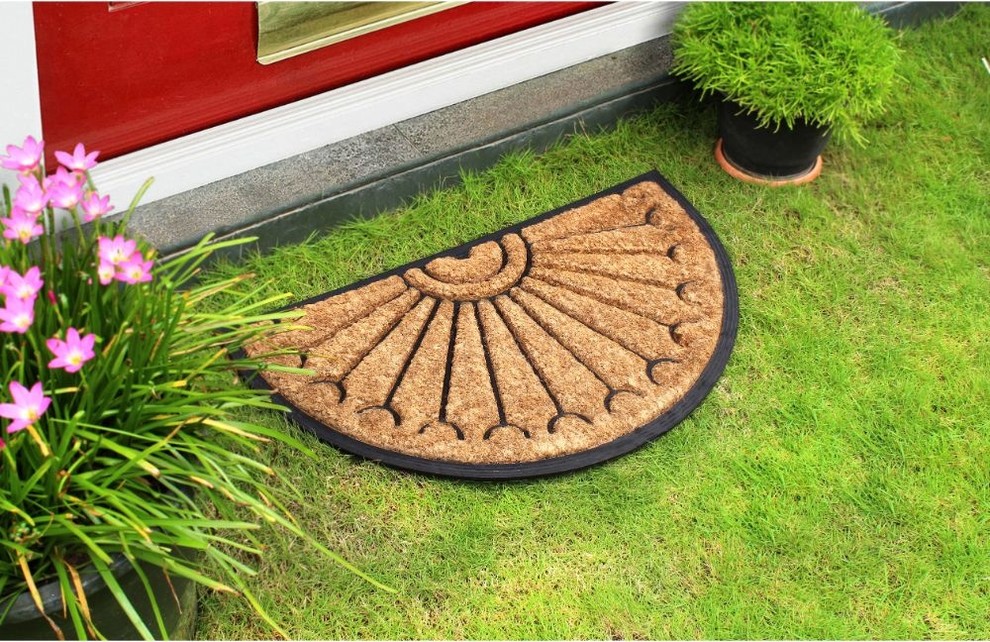 Natural Black Moulded Rubber Coir Halfround Doormat, 18"x30", 18"x30