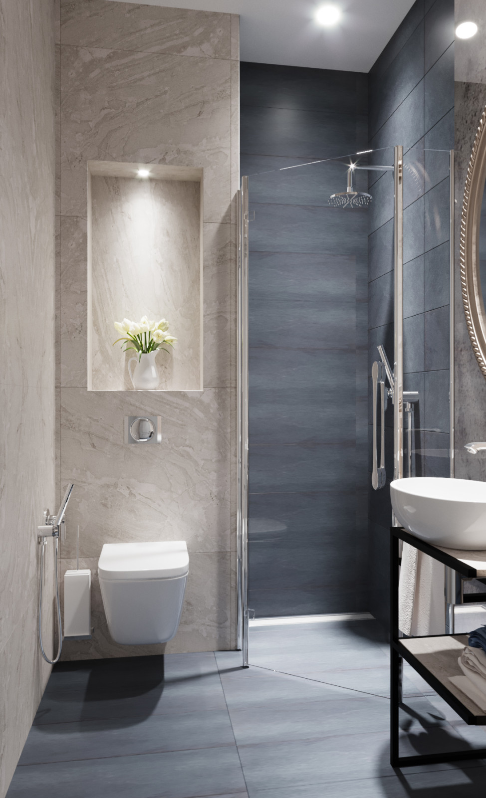 Душевая в классических тонах и голубых оттенках