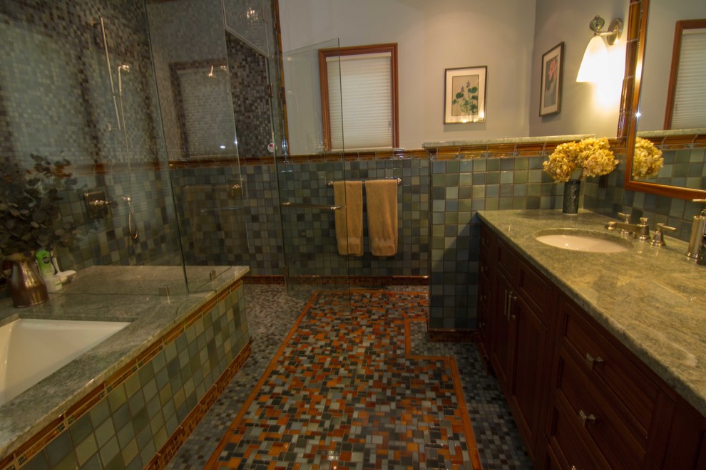 Photo of an arts and crafts bathroom in Charlotte with an undermount sink, a drop-in tub and a corner shower.