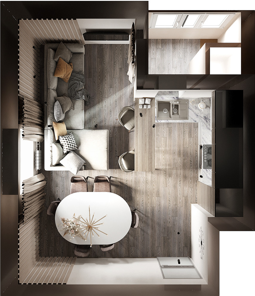 Кухня-гостиная. Вариант в теплых тонах.