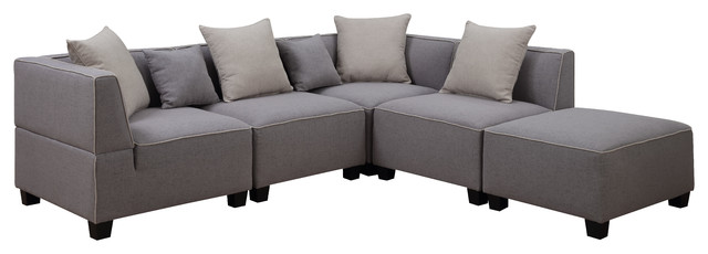 Holly 5 Piece Linen Fabric L Shaped Tuxedo Sectional Sofa And Ottoman Gray