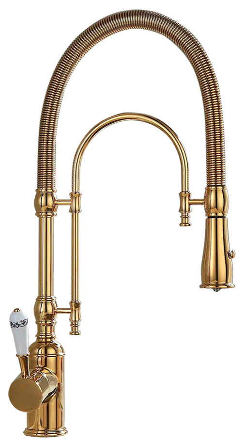 High Arc Swiveling Pull Out Spray Kitchen Faucet with Single Porcelain