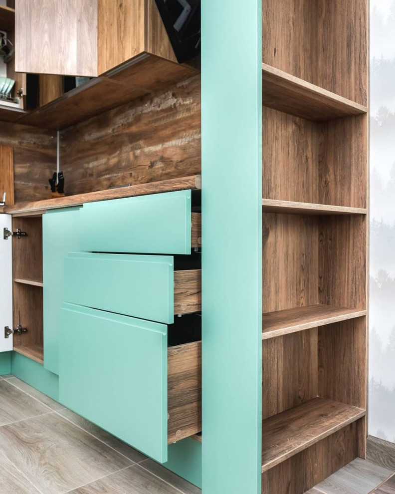 Small scandinavian l-shaped open plan kitchen in Moscow with a built-in sink, flat-panel cabinets, turquoise cabinets, wood worktops, brown splashback, wood splashback, black appliances, lino flooring, no island, brown floors and brown worktops.