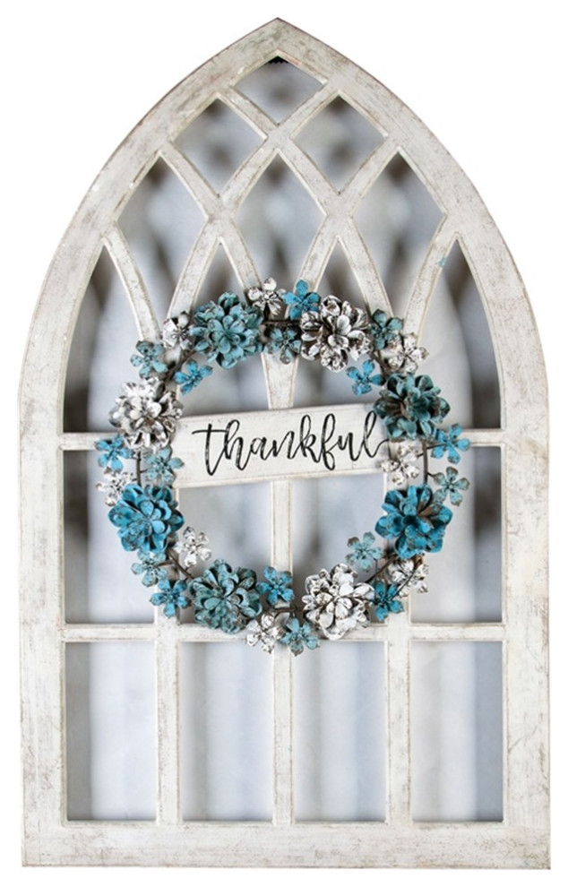LuxenHome Distressed White Wood Metal Floral Wreath Cathedral Window