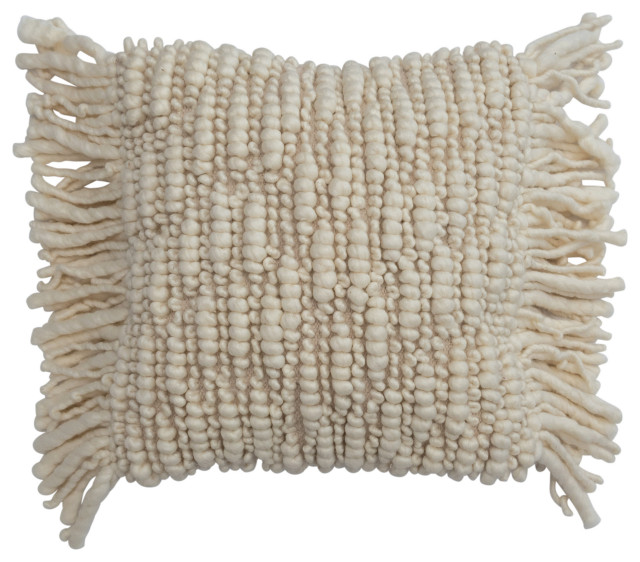 Woven New Zealand Wool Pillow Cover with Cotton Back and Fringe, Cream