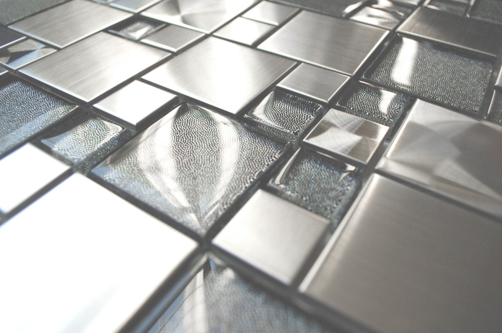 Eden Mosaic Tile Modern Cobble Stainless Steel With Silver Glass Tile