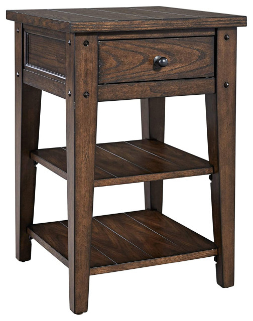 Traditional End Table, Storage Drawer With 2 Open Shelves, Dark Brown