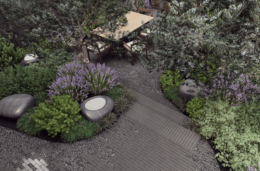 Foto de camino de jardín de secano actual pequeño en verano en patio trasero con exposición parcial al sol, gravilla y con madera
