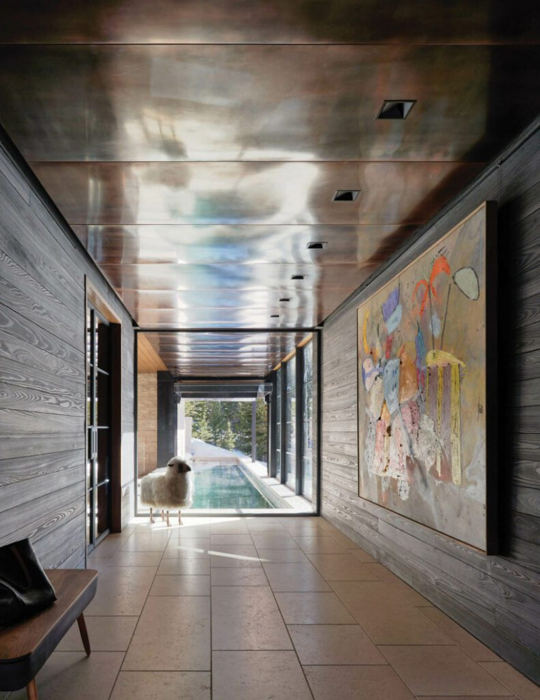 Пример оригинального дизайна: коридор среднего размера в стиле модернизм с черными стенами, полом из известняка, бежевым полом и панелями на части стены