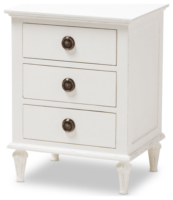 French Inspired Nightstand, 3 Drawers With Bronze Plated Hardware