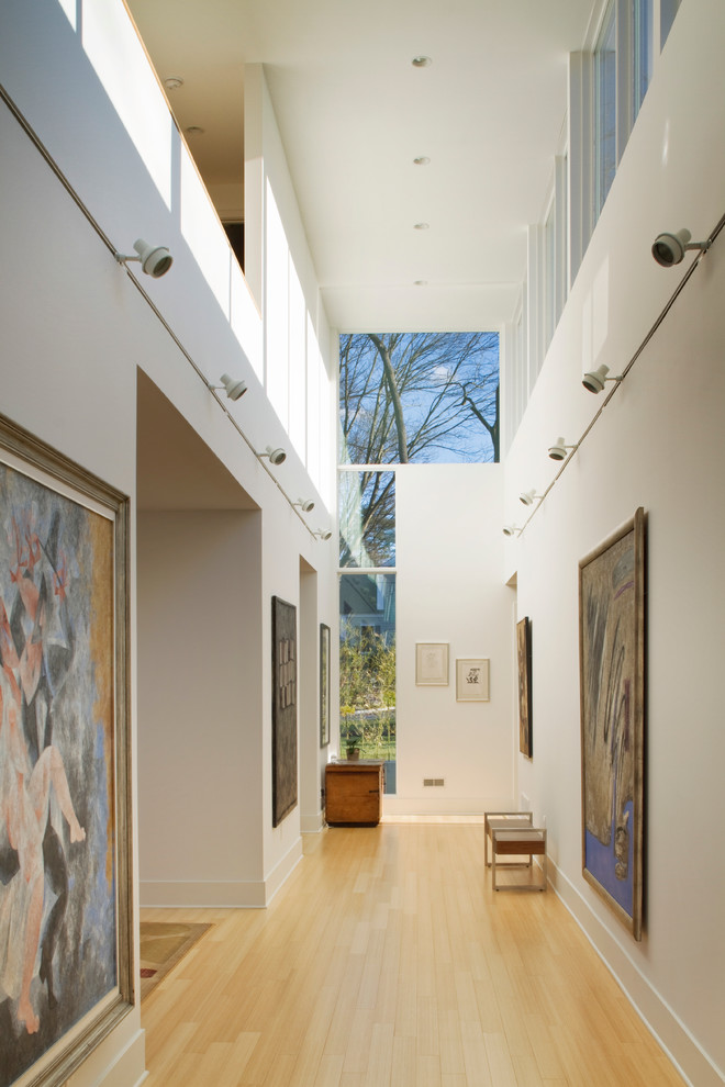 Photo of a large modern hallway in New York with white walls, light hardwood floors and beige floor.