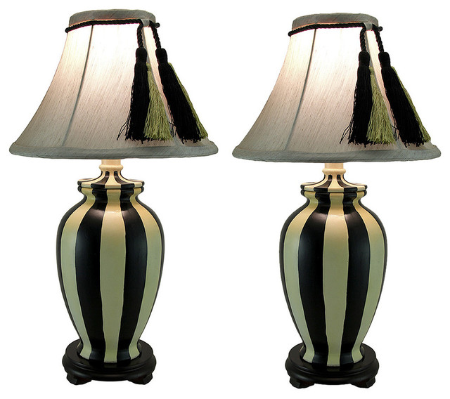 Set of 2 Vertical Striped Ceramic Table Lamps w/Tassel Shade
