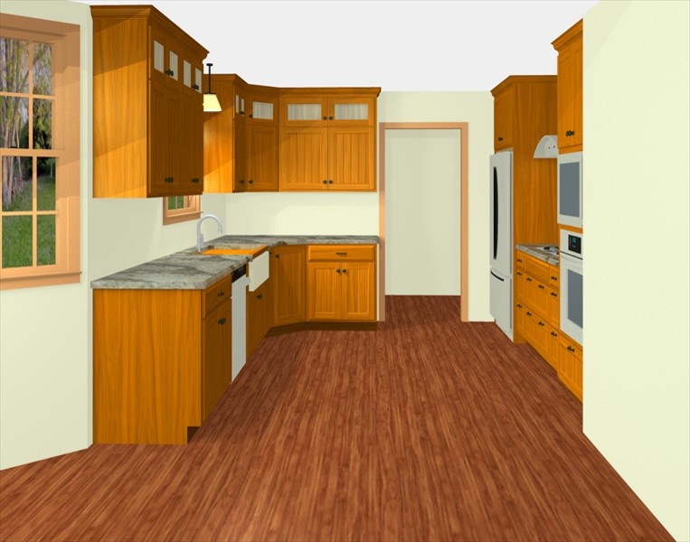 Example of a large mountain style light wood floor eat-in kitchen design with a farmhouse sink, light wood cabinets, granite countertops, beige backsplash, glass tile backsplash, stainless steel appliances and beige countertops