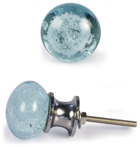 Glass Knobs, Light Turquoise, Set of 2, Silver Base