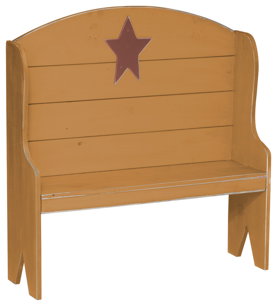 Farmhouse Pine Deacon's Bench With Country Star, Mustard Yellow
