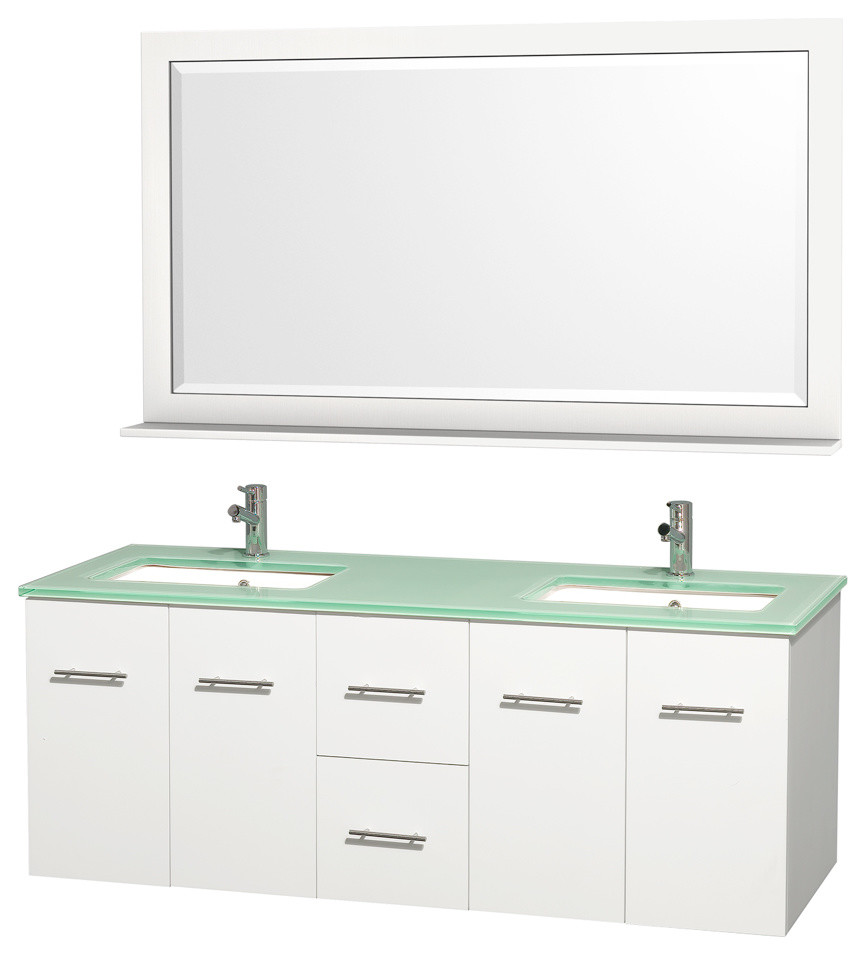 Centra 60" Vanity, White Square Porcelain Sink, Matte White, Green Glass, Double