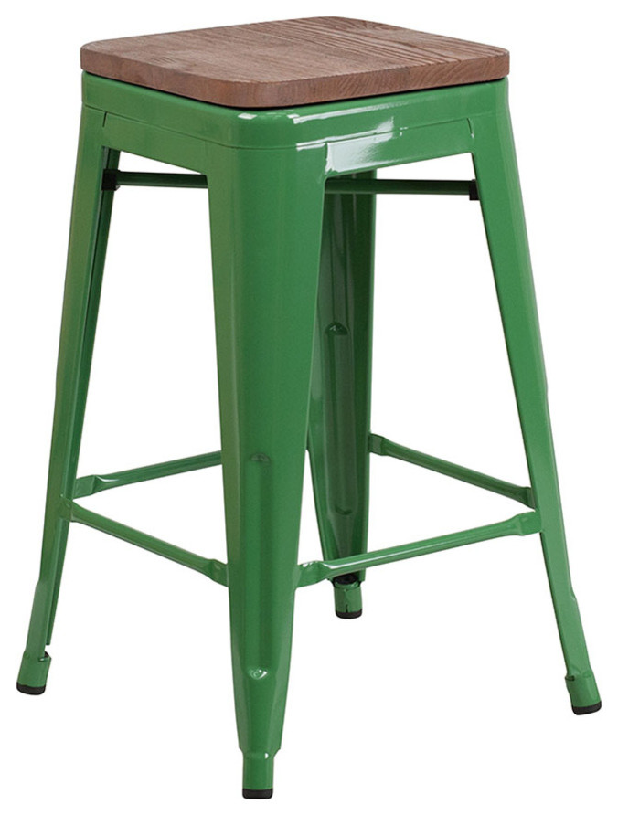 Offex Backless Metal Counter Height Stool With Square Wood Seat
