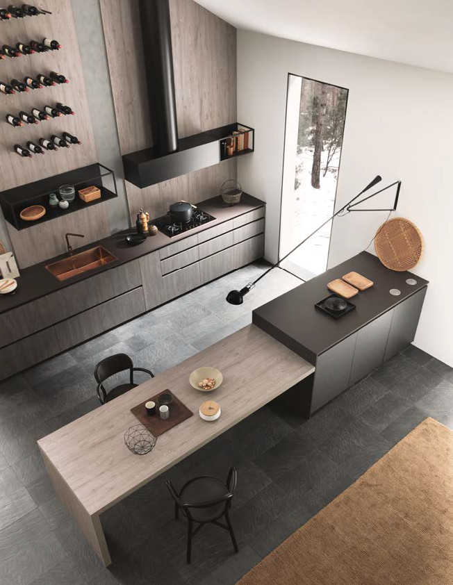 Ispirazione per una cucina moderna di medie dimensioni con lavello integrato, ante lisce, ante grigie, top in legno, elettrodomestici neri, pavimento in gres porcellanato e top marrone