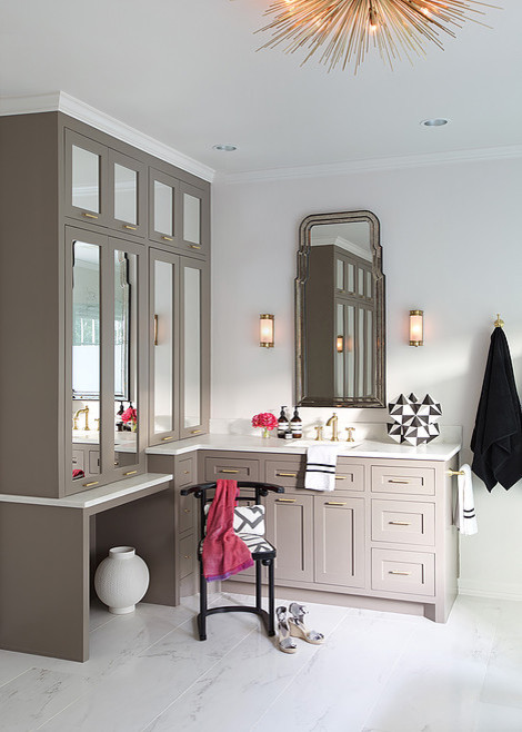 Mid-sized transitional master white tile, gray tile and stone tile marble floor freestanding bathtub photo in Houston with shaker cabinets, beige cabinets, white walls, an integrated sink and solid surface countertops