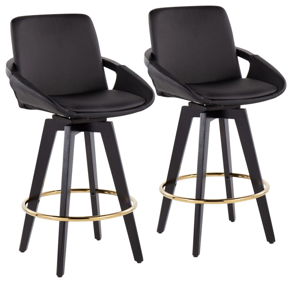 Cosmo Swivel FixedHeight Counter Stool, Set of 2, Black/Gold/Black PU