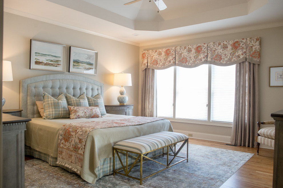 Inspiration for a large traditional master bedroom in Atlanta with beige walls and recessed.