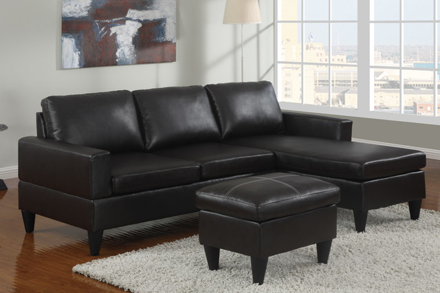 Modern Small Black Leather Sectional Sofa Reversible Chaise Ottoman