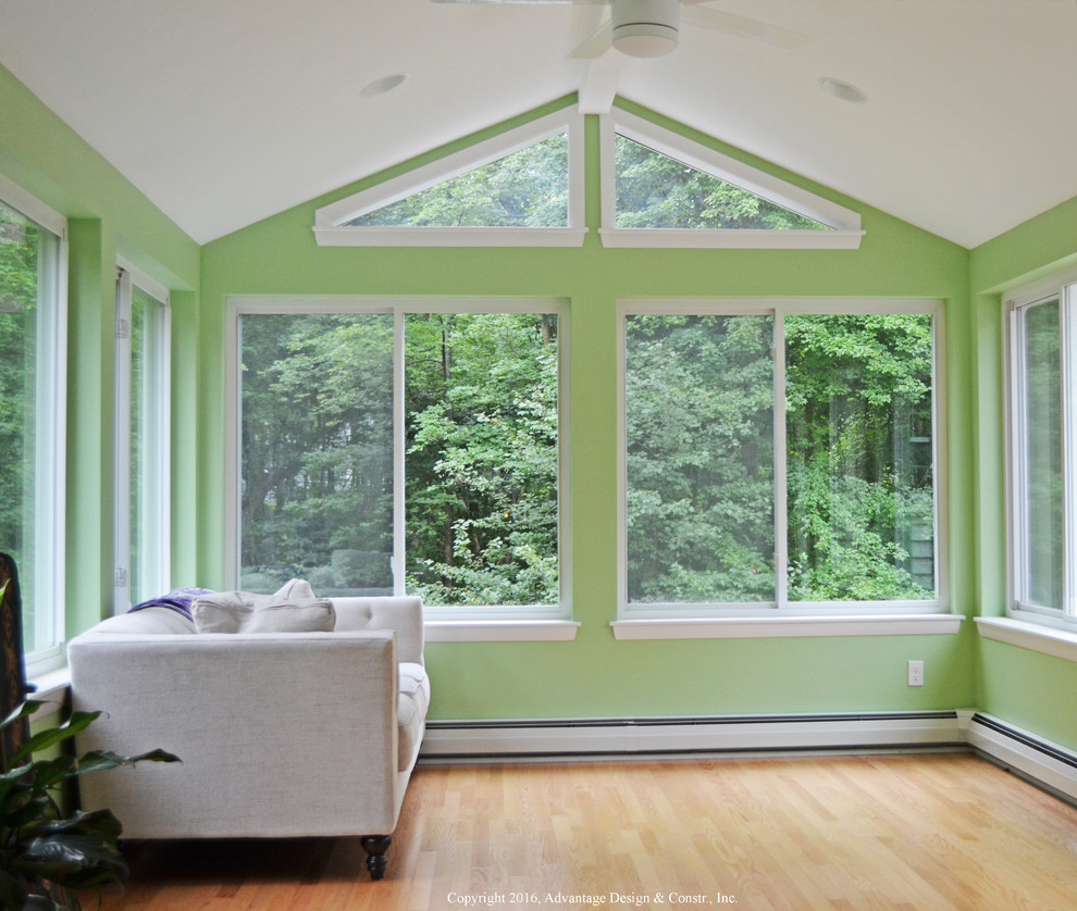 Design ideas for an eclectic sunroom in Boston with light hardwood floors.