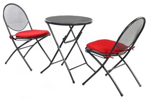 3 Piece Gray Steel Mesh Metal Patio Furniture Set With Red Cushions 3 Piece Gray Steel Mesh Metal Patio Furniture Set With Red Cushions Contemporary Outdoor Dining Sets By Yourgardenstop