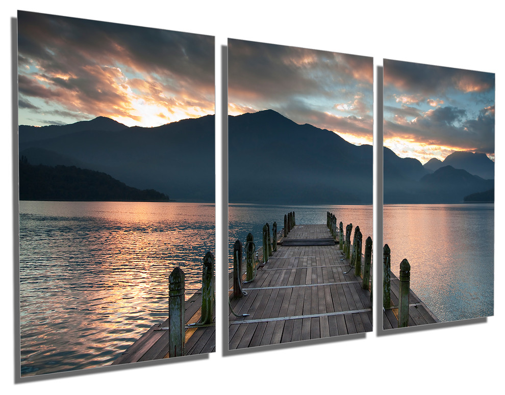 Cloudy Lake Docks During Sunset, Metal Print Wall Art, 3 Panel Split