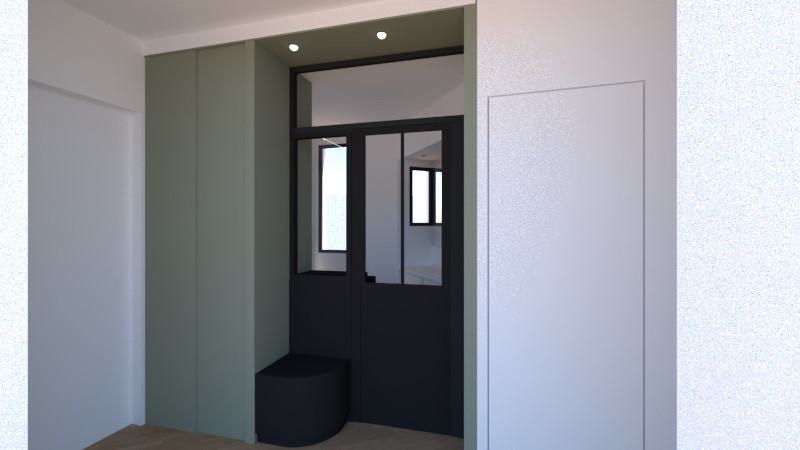 VUE 3D sur l’entrée avec un placard d’entrée et verrière sur la salle d’e